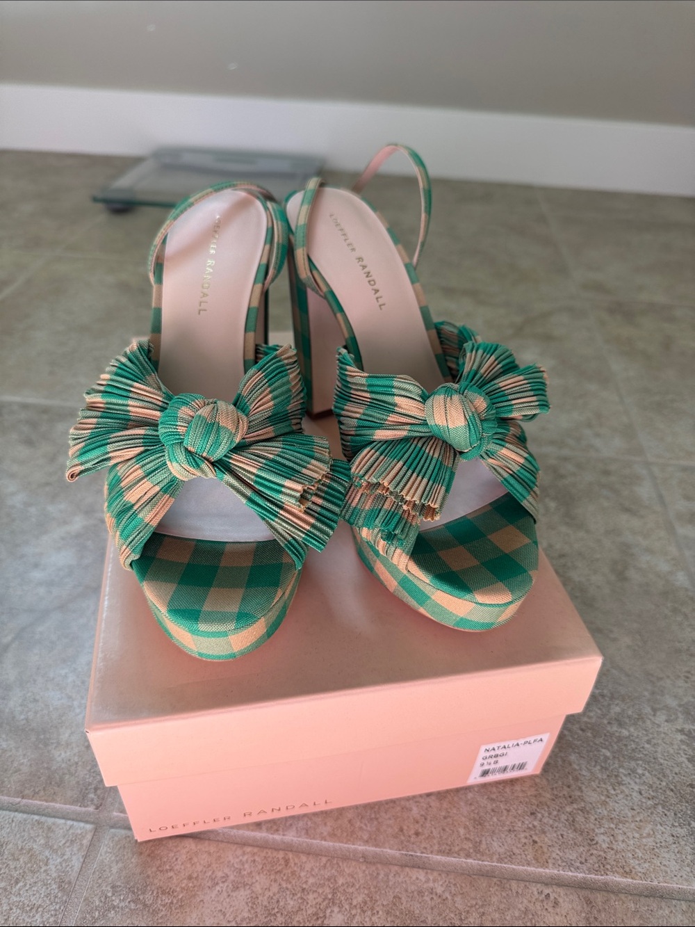 Loeffler Randall Green & Tan Gingham Bow heels